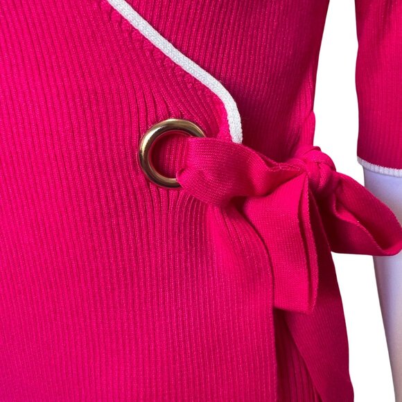 Select + Trend Hot Pink Ribbed Wrap Top w/ Bow Detail & Half Sleeves Womens Sz L - Picture 6 of 7